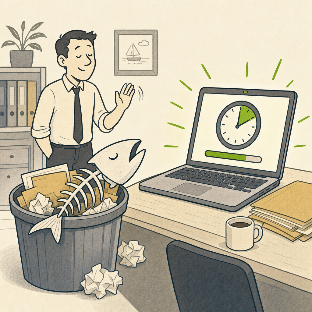 A cartoon of a fish skeleton labelled 'filleted accounts' lying in a bin, next to a glowing laptop labelled 'iXBRL' with a ticking clock on the screen