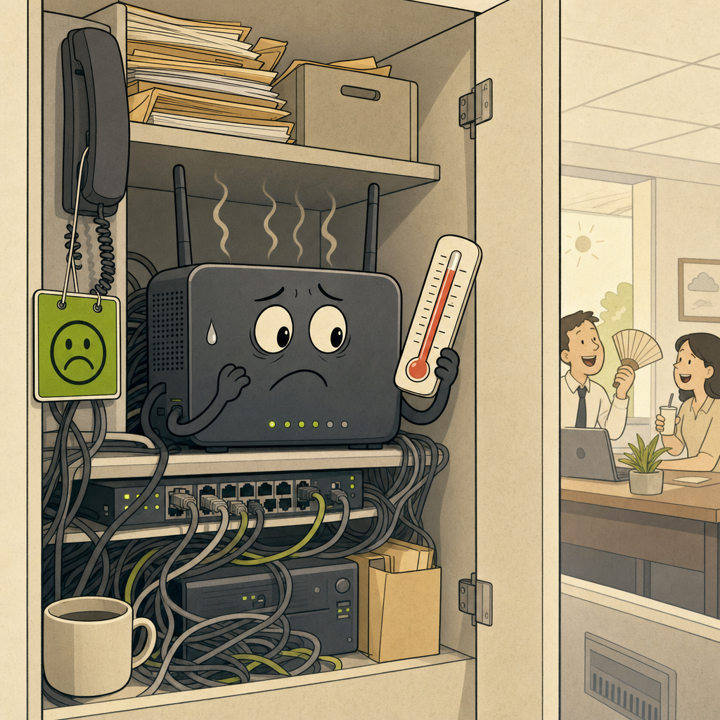 Single-panel cartoon: a nervous-looking router in a cramped cupboard reads a thermometer showing 40°C, with a small bead of sweat on its casing and a 'OUT OF ORDER' sign hanging off a phone handset on the wall behind it