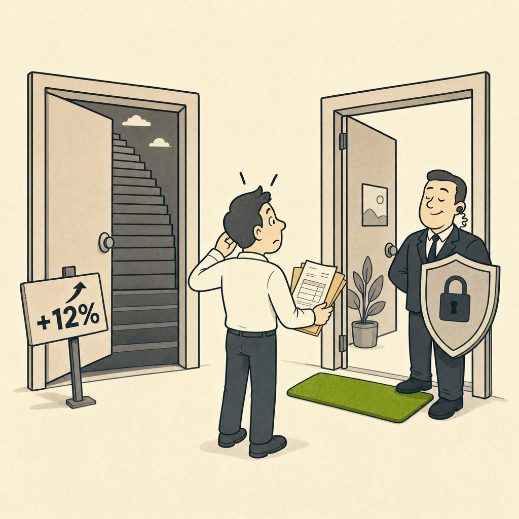A cartoon showing two doors side by side: one labelled 'Business Standard' with a steep staircase going up and a small sign reading '+12%'; the other labelled 'Business Premium' with a flat welcome mat and a security guard holding a shield. A bewildered business owner stands between them holding a renewal invoice.