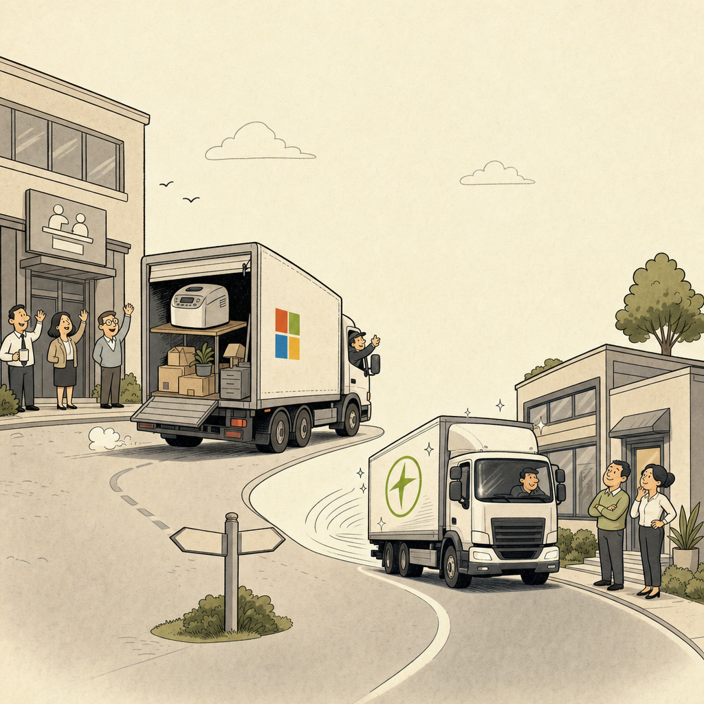 Single-panel cartoon: a large Microsoft logo-branded removal lorry drives away from an office building labelled 'Sales & Consulting', while a second, shinier lorry labelled 'Frontier Co — We Help You Use The Stuff We Sold You' drives towards a smaller office building labelled 'Your Business'