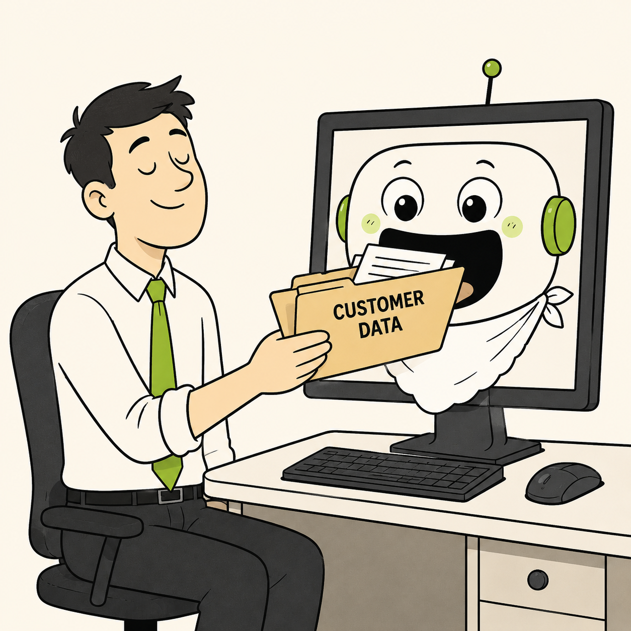 Cartoon: a cheerful office worker feeds a folder labelled CUSTOMER DATA into the wide-open mouth of a friendly chatbot wearing a napkin bib.