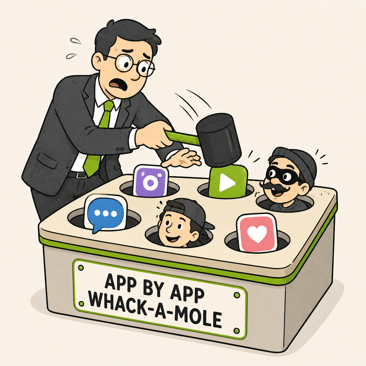 Cartoon: a hand with a mallet trying to whack app icons that keep popping back up out of holes, like a fairground whack-a-mole.