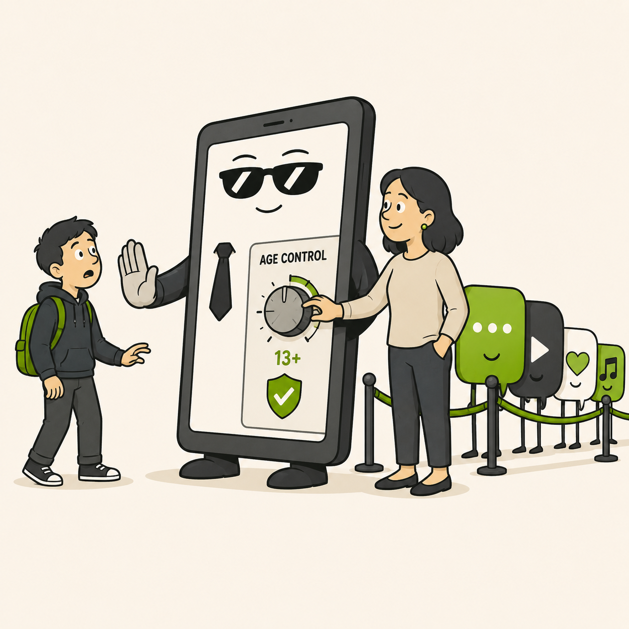 Cartoon: a parent setting a single age dial on a tablet, and every app on the screen falling neatly into line.